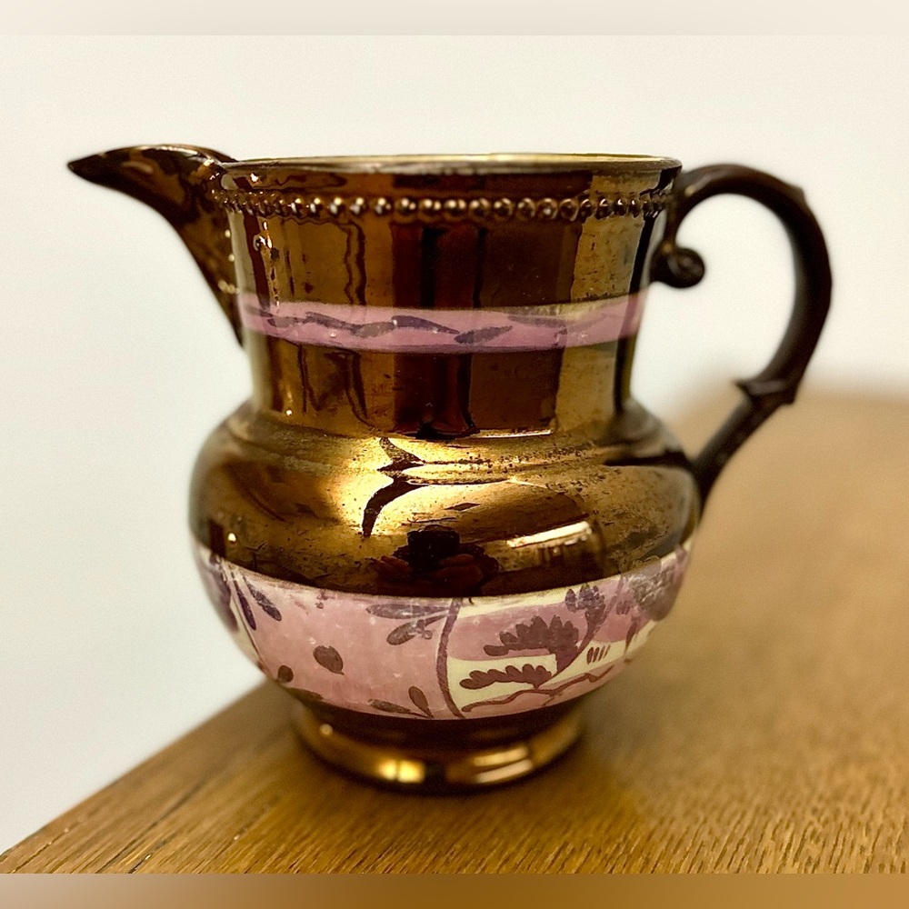 c. 1830 Antique Staffordshire Copper Lusterware Jug Handled Pitcher
